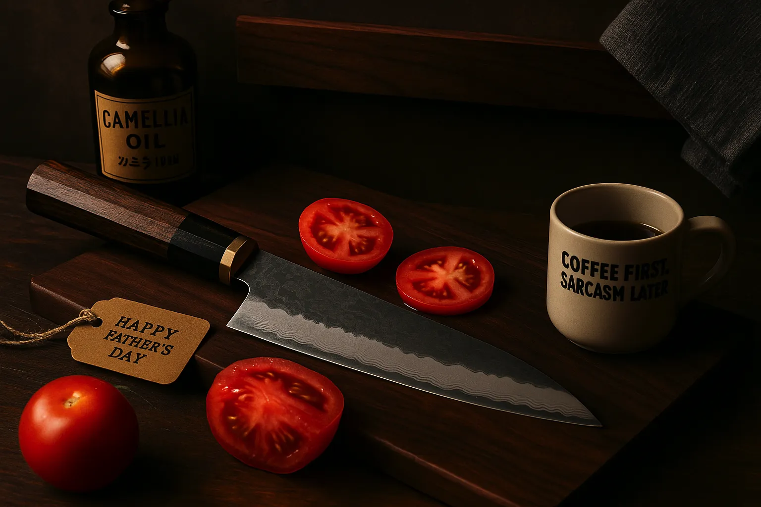 A close-up flat lay of a handcrafted Japanese chef's knife (with visible hamon line) resting on a dark wooden cutting board. Include a sliced tomato or piece of sashimi to show clean cuts. In the background: a camellia oil bottle, a towel, and a walnut magnetic knife strip mounted on a wall. Lighting should be moody with strong shadows and warm tones. The mood should feel precise, masculine, and artisan