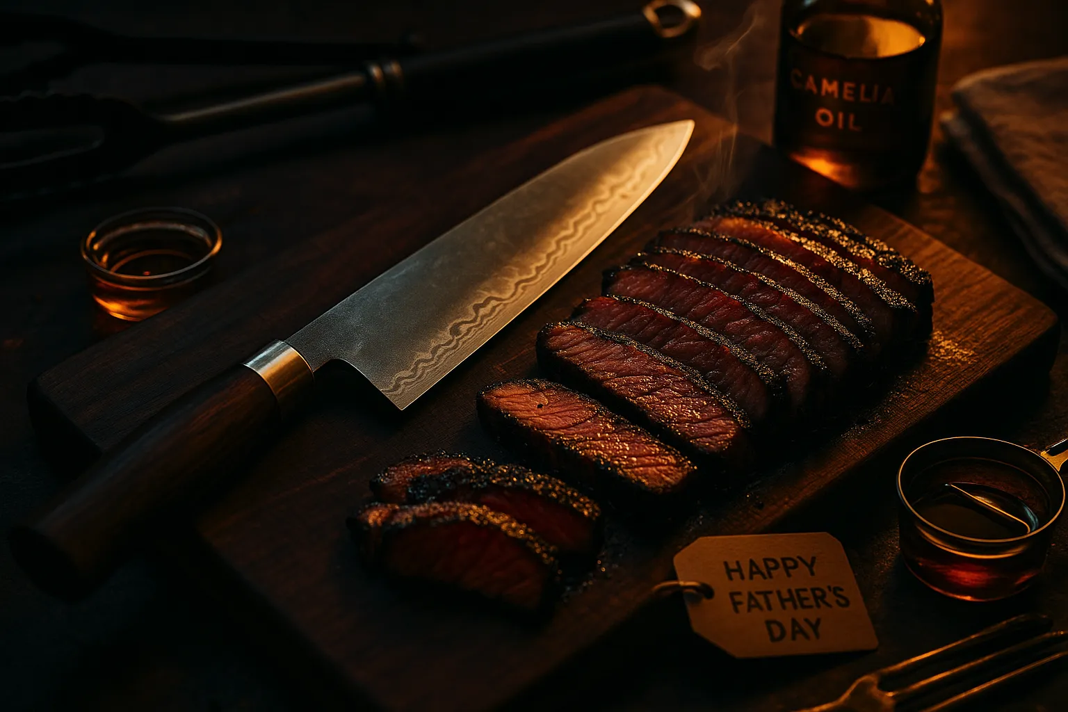 A high-contrast, close-up image of a sharp Japanese chef's knife resting on a wooden cutting board with sliced grilled brisket or steak beside it. Include a honing rod, camellia oil bottle, and a folded towel in the background. The lighting should be warm and dramatic, like a backyard grill at golden hour. Optional visual hints of BBQ (grill tongs, smoke, etc.). Mood: rugged, precise, and ready for action