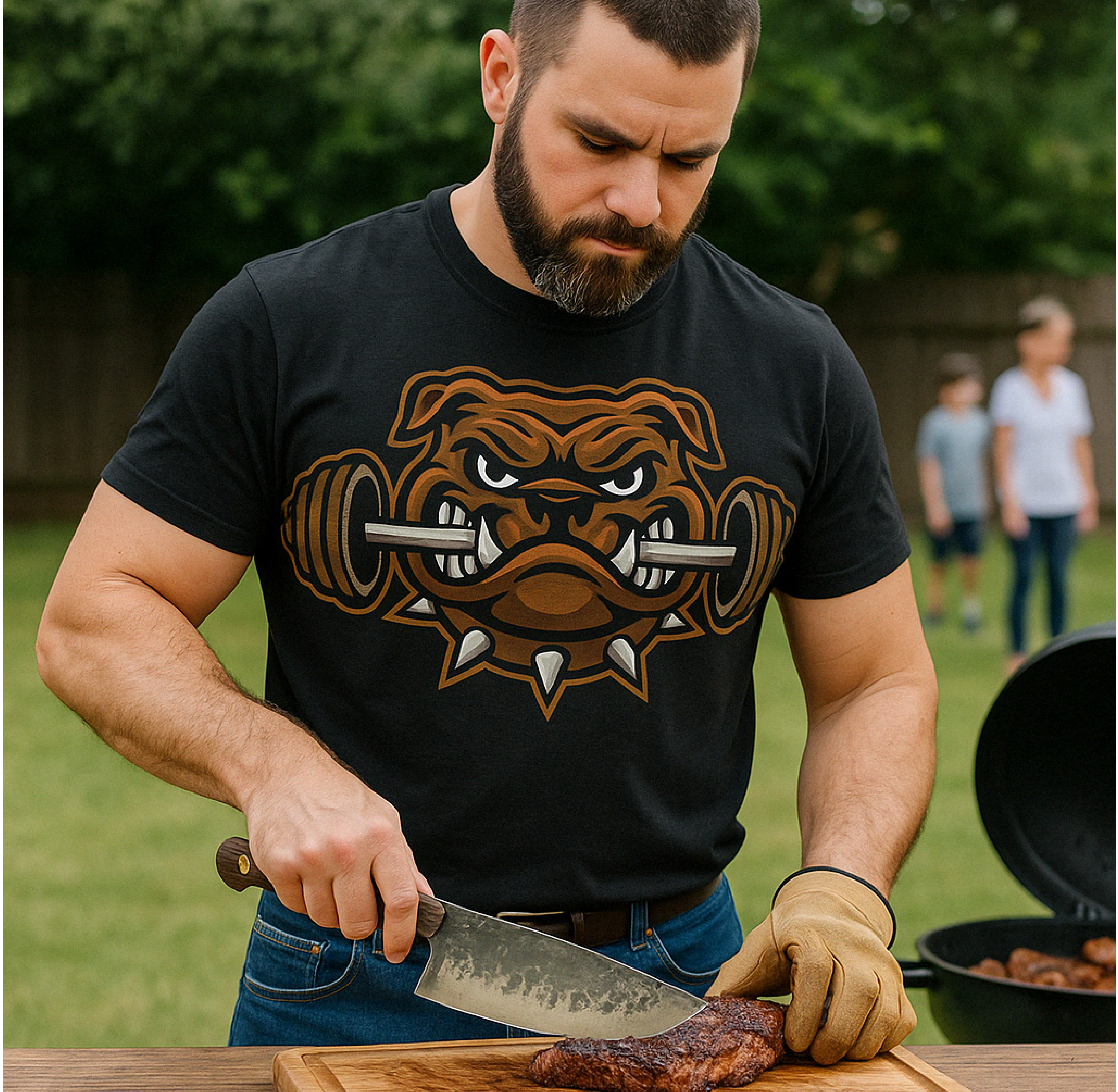 High-quality Grumpy Dad kitchen knives displayed on a wooden cutting board