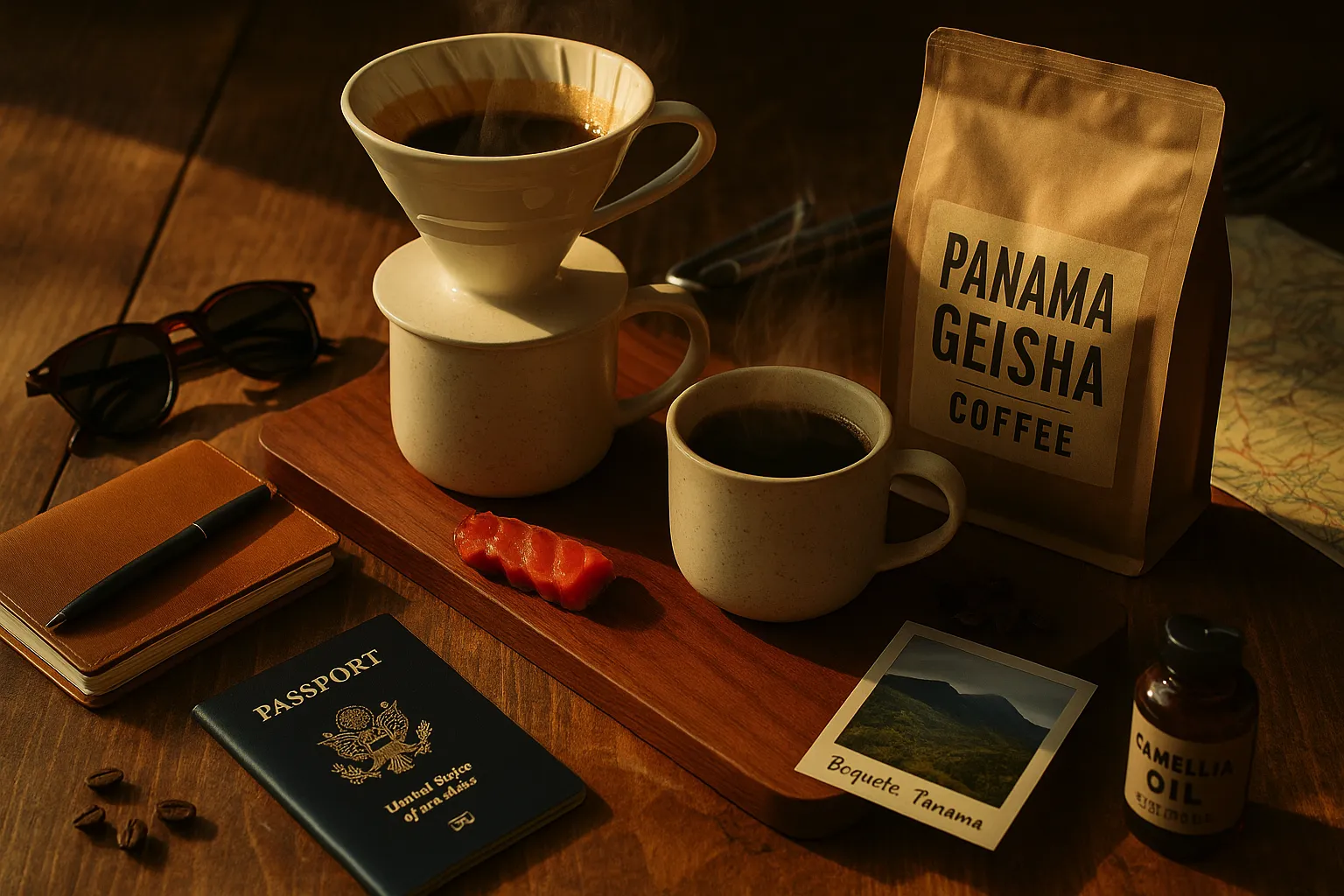 A travel-themed coffee setup on a wooden table. Include a Hario V60 pour-over brewing Panama Geisha Coffee into a ceramic mug. Around it: a small travel journal, sunglasses, a passport, and a folded map or Polaroid-style photo labeled “Boquete, Panama.” Add soft, golden morning light, steam rising from the cup, and a premium bag of coffee beans nearby. Mood: relaxed, global, and quietly adventurous.
