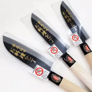 Three Japanese kitchen knives with protective covers.