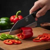 Slicing red and green bell peppers on cutting board.