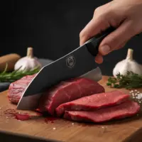 Slicing fresh beef with herbs and spices nearby.