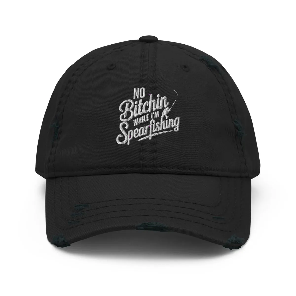Distressed dad hat with "No Bitching While I'm Spearfishing" design by Grumpy Dad Co