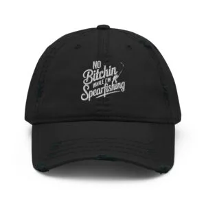 Distressed dad hat with "No Bitching While I'm Spearfishing" design by Grumpy Dad Co