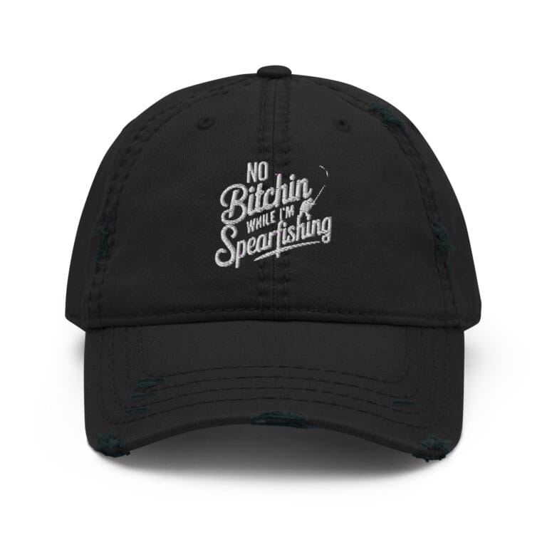 Distressed dad hat with "No Bitching While I'm Spearfishing" design by Grumpy Dad Co