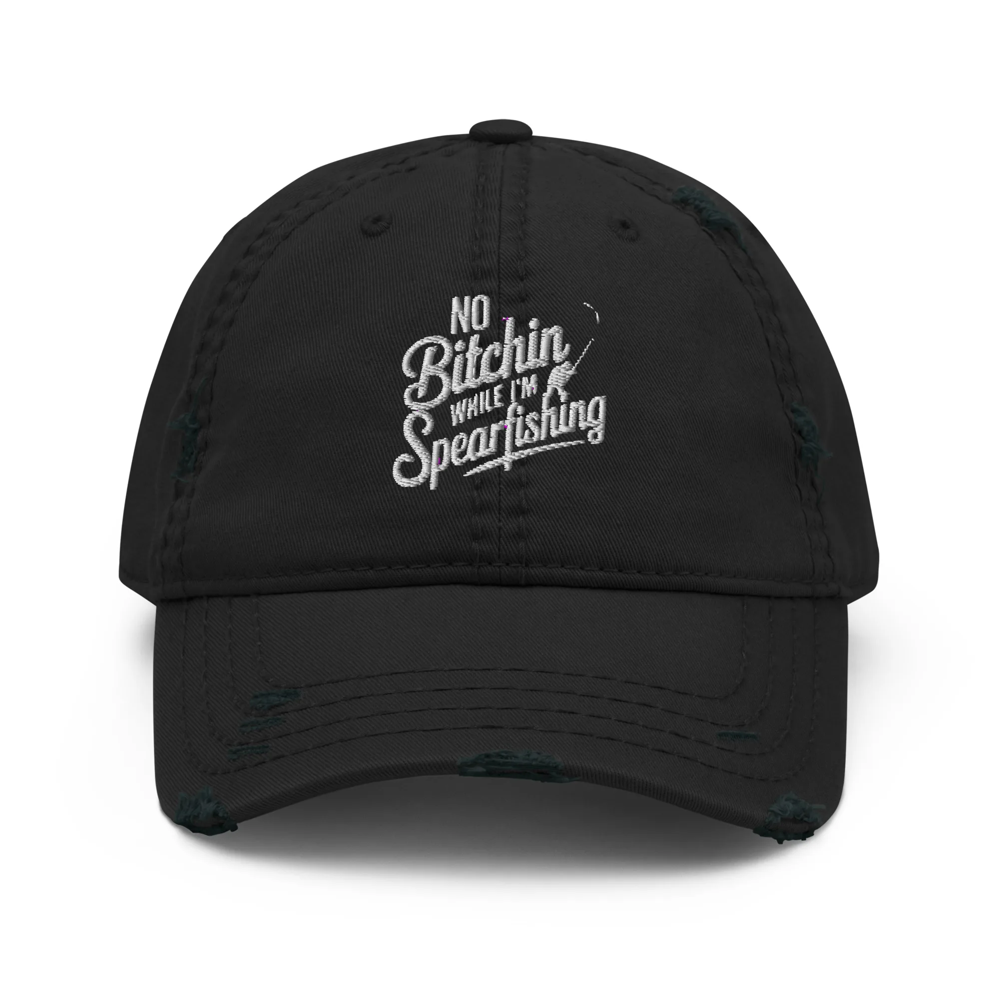 No Bitching While I’m Spearfishing Dad Hat – Grumpy Dad Co Distressed dad hat with "No Bitching While I'm Spearfishing" design by Grumpy Dad Co