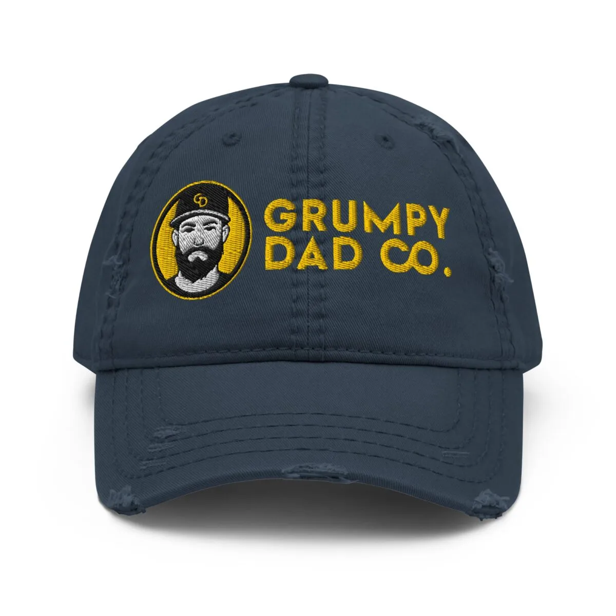 Distressed dad hat with curved brim and soft crown in worn-in style by Grumpy Dad Co
