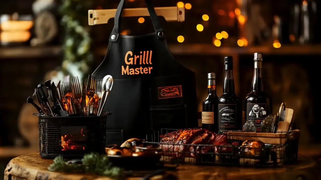 Grill master apron with grilling tools and condiments.
