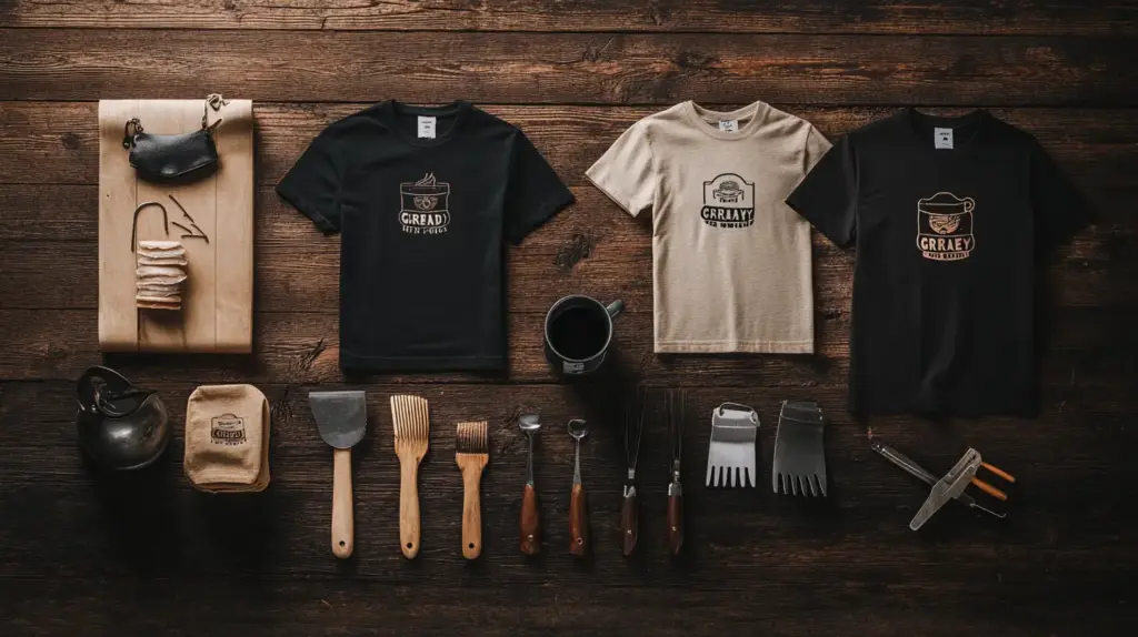 BBQ tools with printed t-shirts on wooden table.
