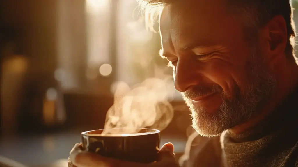 Man enjoying morning coffee with steam rising.