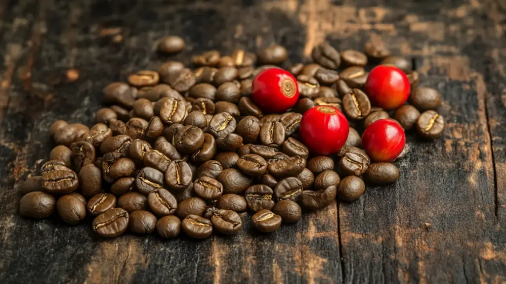 Coffee beans and cherries on wooden background.