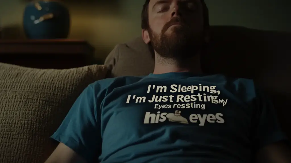 Man sleeping on couch with humorous T-shirt.