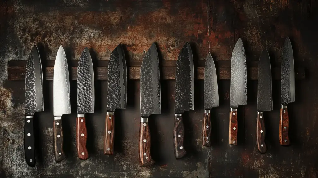 Ten chef knives on magnetic rack, rustic background