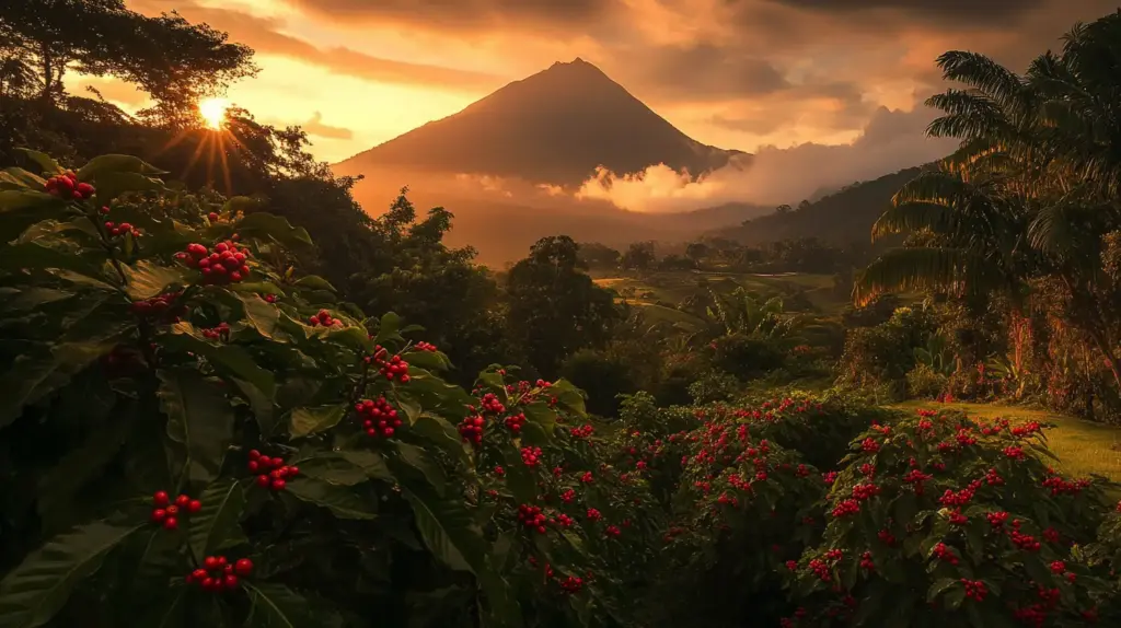 Sunset over mountain and coffee plantation