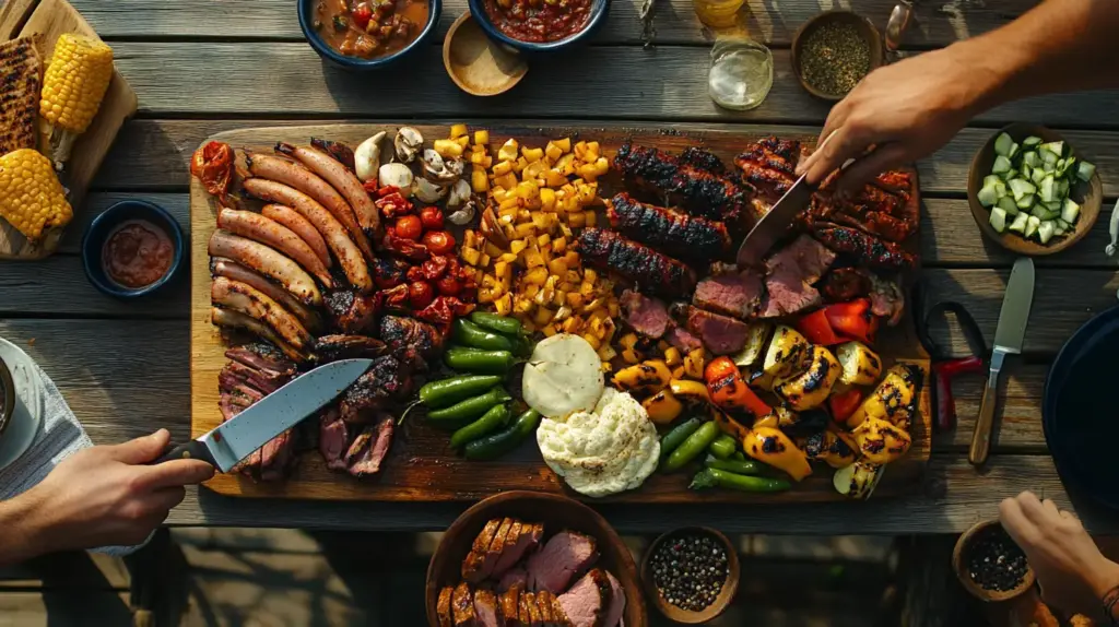 Outdoor barbecue spread with meats and vegetables.