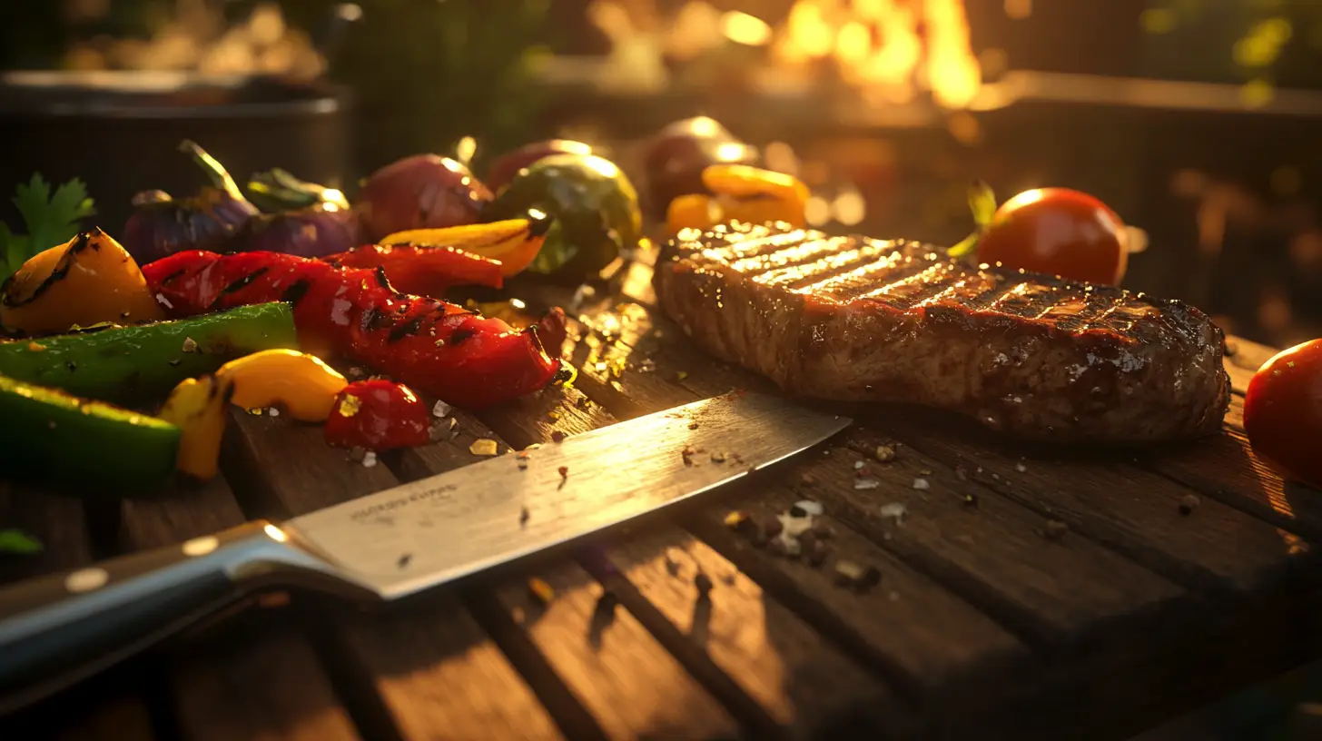 Grilled steak and vegetables on cutting board