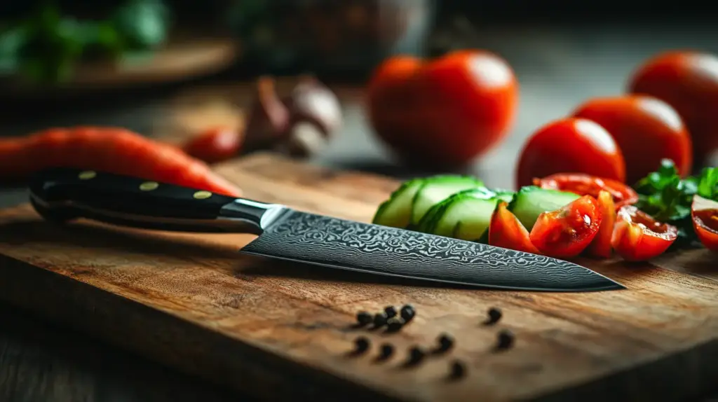 Knife and sliced vegetables on cutting board