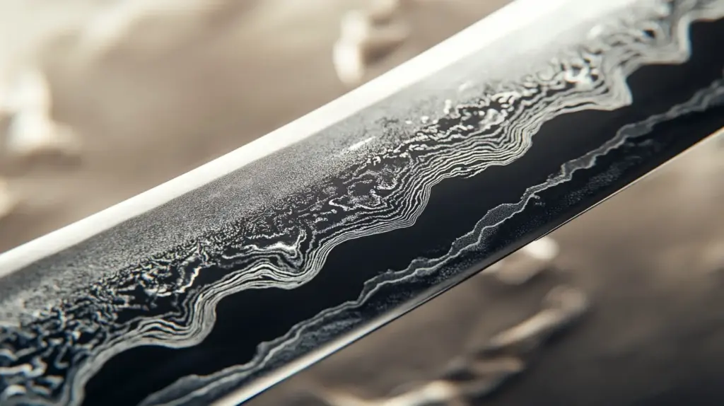 Close-up of Damascus steel blade pattern