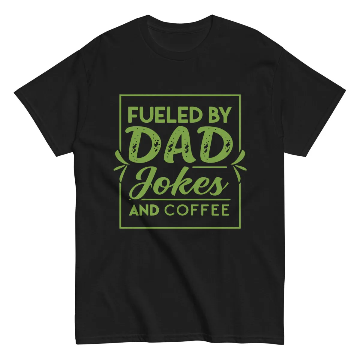 Black t-shirt with dad jokes and coffee design.