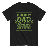 Black t-shirt with dad jokes and coffee design.