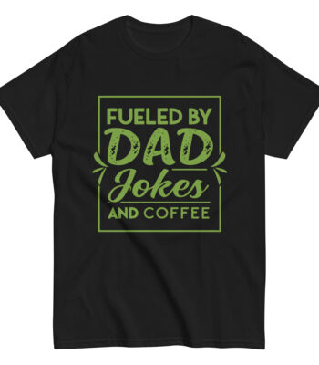 Black t-shirt with dad jokes and coffee design.