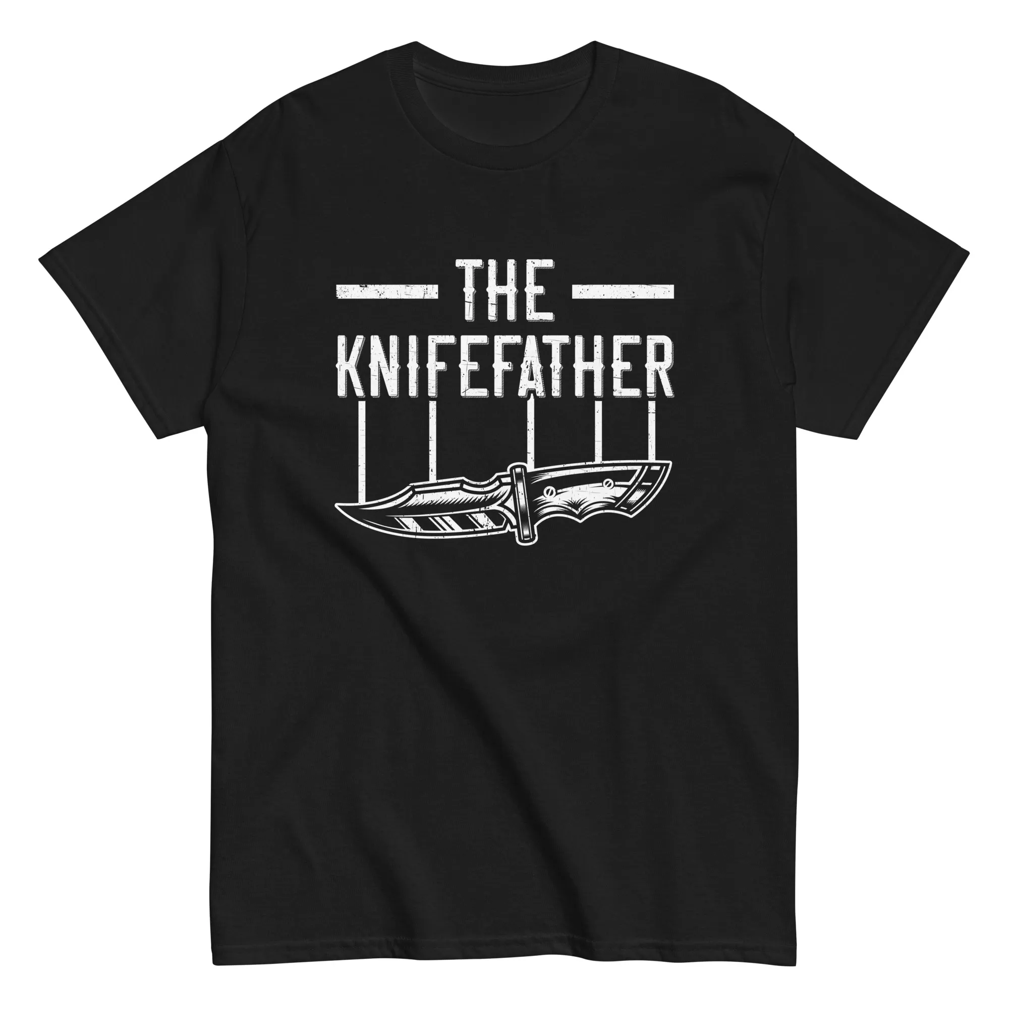unisex-classic-tee-black-front-686f305f997be Black T-shirt with 'The Knifefather' design
