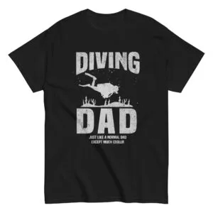 Black T-shirt with diving dad graphic design.