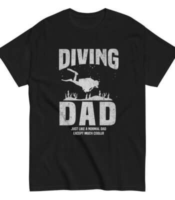 Black T-shirt with diving dad graphic design.