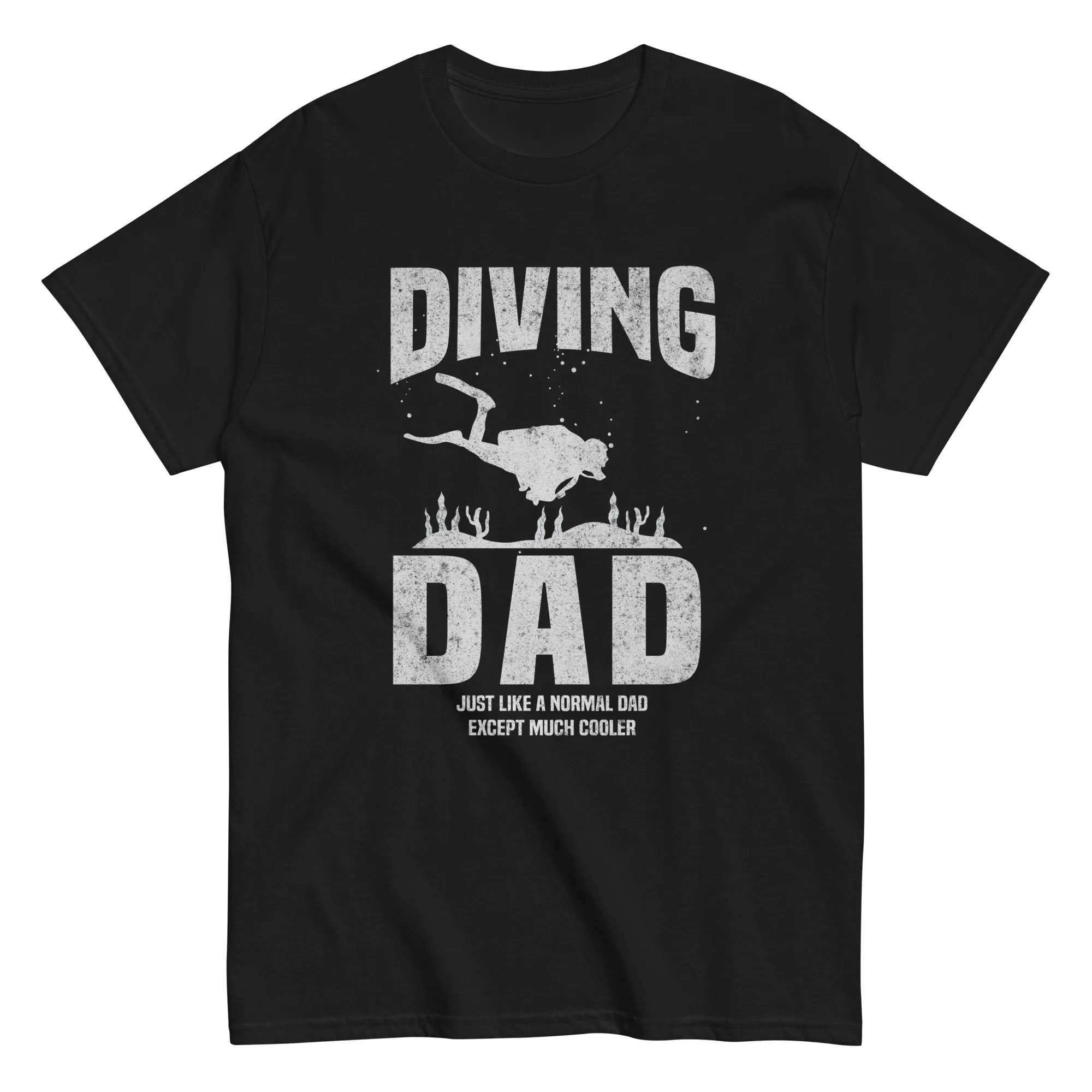unisex-classic-tee-black-front-686f3cf4cba2a Black T-shirt with diving dad graphic design.