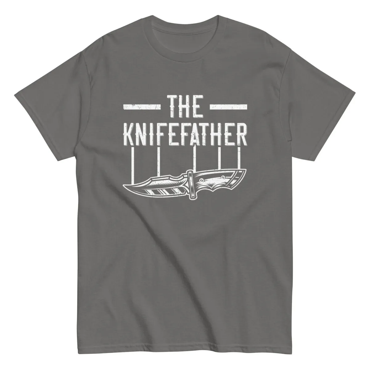 Gray t-shirt with knife design and text.