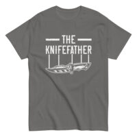 Gray t-shirt with knife design and text.