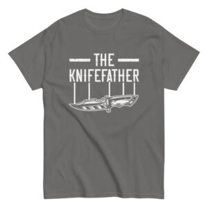 Gray t-shirt with knife design and text.