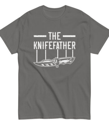 Gray t-shirt with knife design and text.