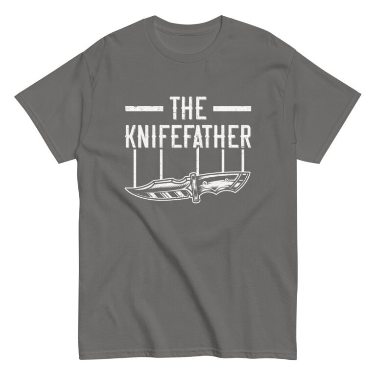 Gray t-shirt with knife design and text.