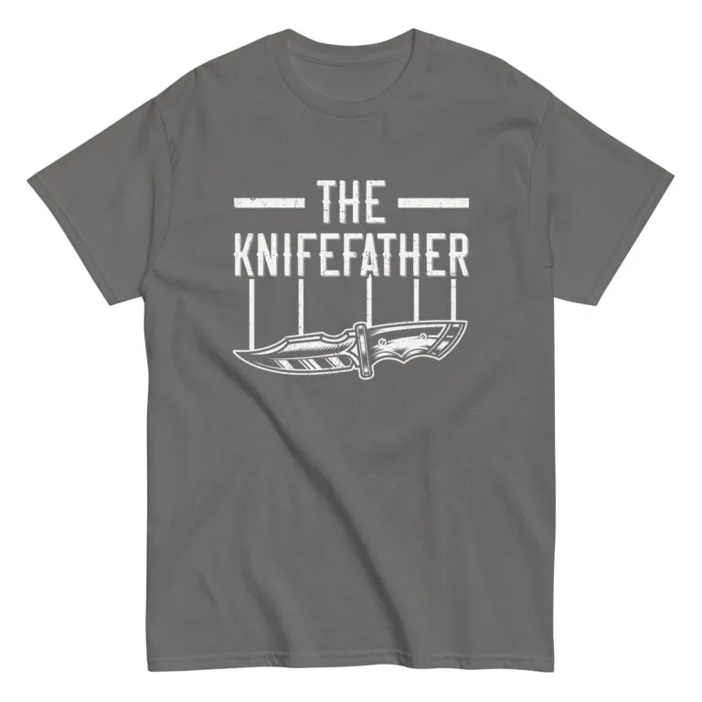 Gray t-shirt with knife design and text.