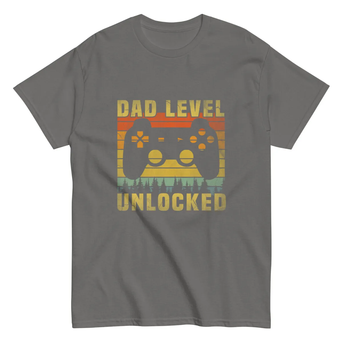 Gray t-shirt with 'Dad Level Unlocked' design