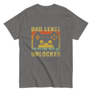 Gray t-shirt with 'Dad Level Unlocked' design