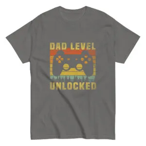Gray t-shirt with 'Dad Level Unlocked' design