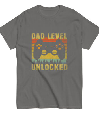 Gray t-shirt with 'Dad Level Unlocked' design