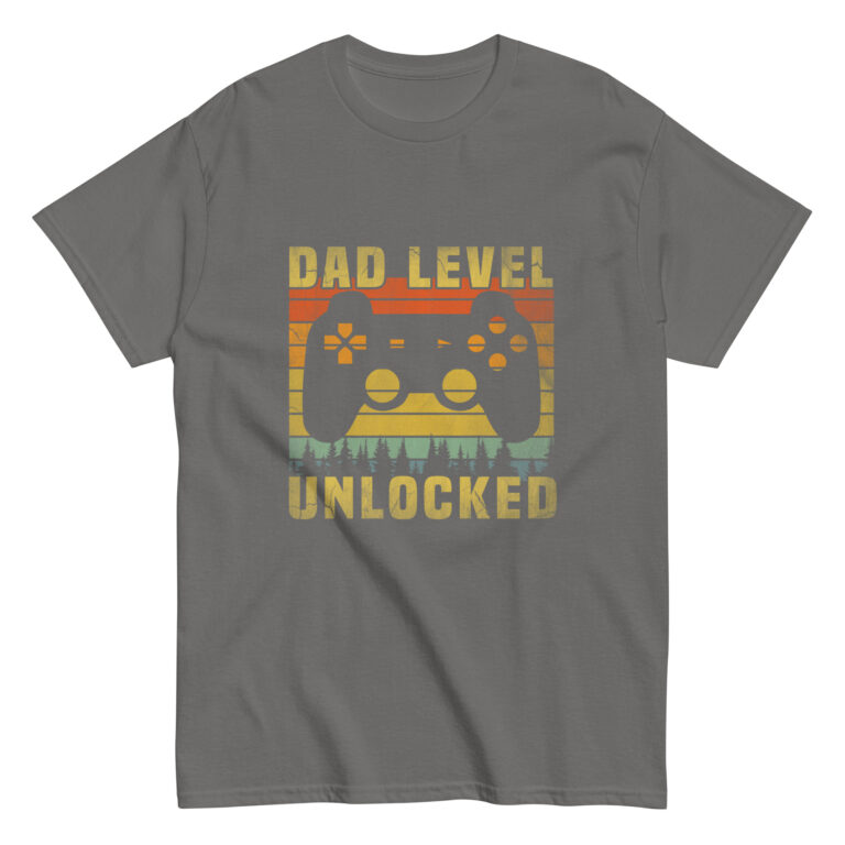 Gray t-shirt with 'Dad Level Unlocked' design