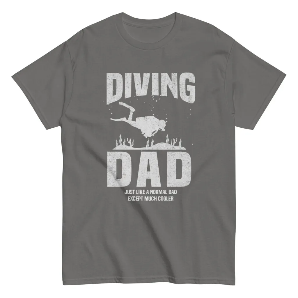 Gray t-shirt with 'Diving Dad' print.
