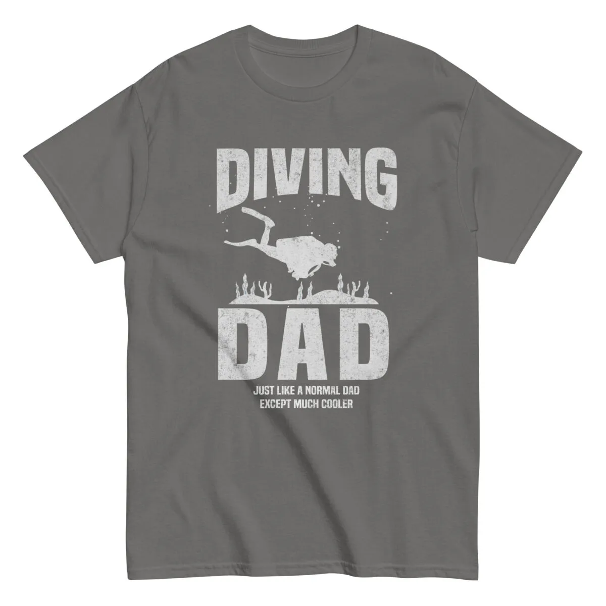 Gray t-shirt with 'Diving Dad' print.