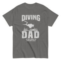 Gray t-shirt with 'Diving Dad' print.
