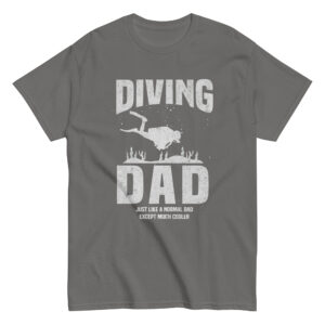 Gray t-shirt with 'Diving Dad' print.