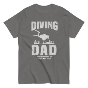 Gray t-shirt with 'Diving Dad' print.