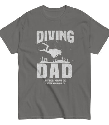 Gray t-shirt with 'Diving Dad' print.