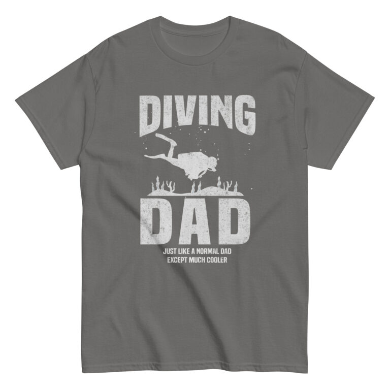 Gray t-shirt with 'Diving Dad' print.