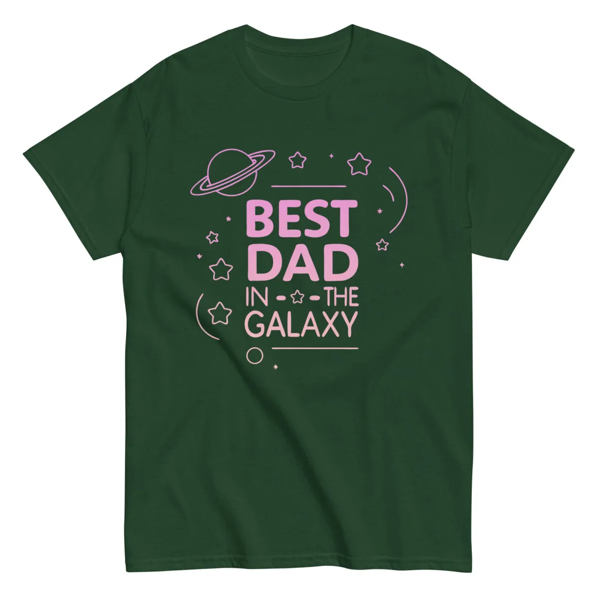 Green t-shirt with 'Best Dad in Galaxy' design.