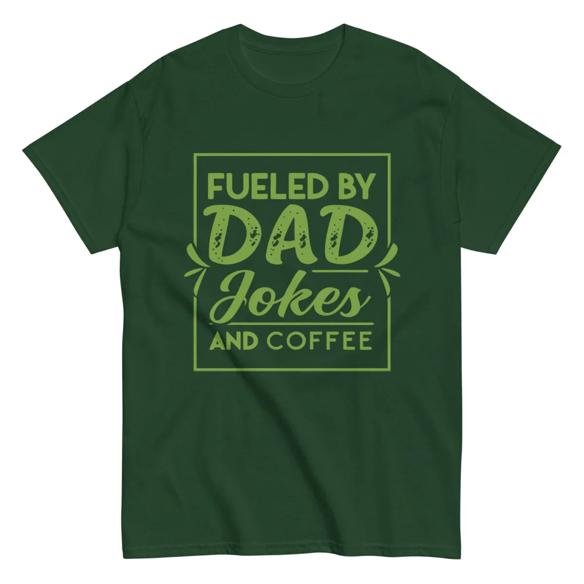 Green T-shirt with dad jokes and coffee print.